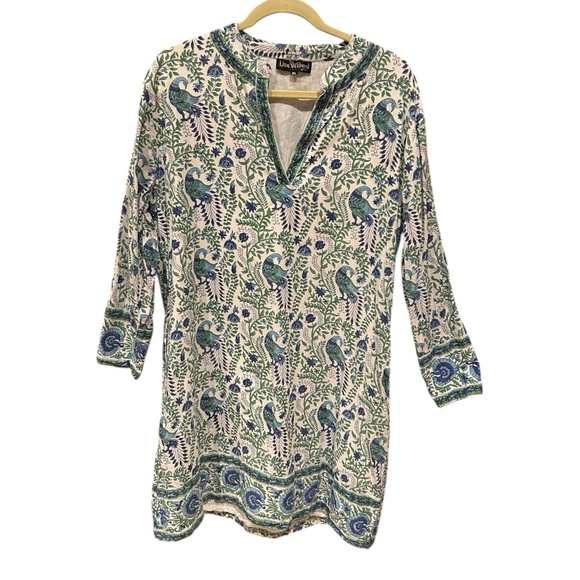 LIZA BYRD The Brie Cotton Block Print Dress Green Blue Floral Bird Print XL - Picture 5 of 13